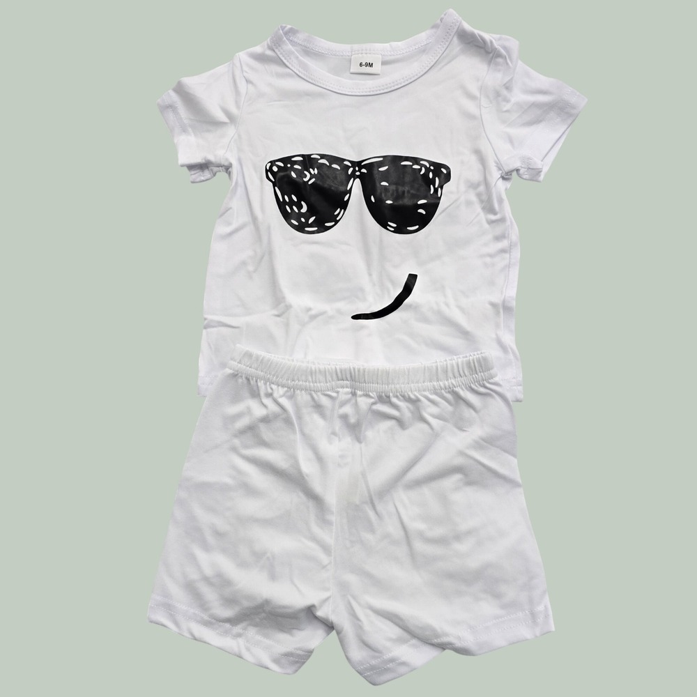 Baby 6-9M White Sunglasses Smiley Face T-Shirt and Shorts 2-Piece Outfit Set